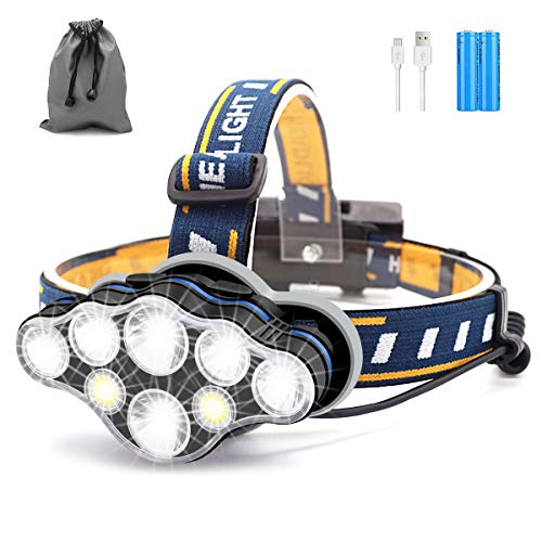 Linterna Frontal, 8 LED 18000 Lúmenes USB Recargable Linterna Cabeza, Ligero Impermeable Linternas Frontales para Camping, Pesca, Correr, Caza, Deportes Nocturnos