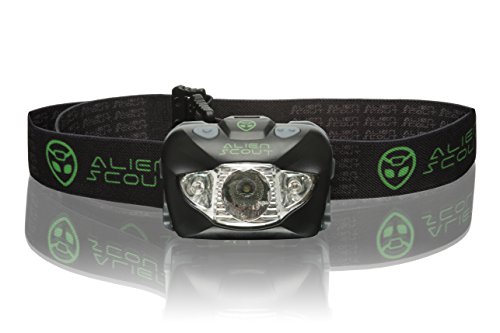 Linterna Frontal de Alien Scout - Gama Alta – Impermeable, Resistente a los Golpes y Súper Brillante - Tecnología Cree XP-E LED – Múltiples Modos de Alumbrado Fijo e Intermitente - Blanco/Rojo/SOS