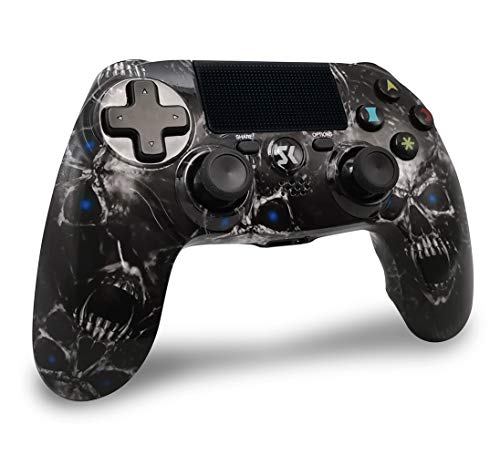 Mandos PS4 Inalambricos, Controlador PS4 Inalámbrico Dual Shock Gamepad de Doble Vibración SIX-AXIS con Touch Pad y Conector de Audio para PlayStation 4 / PS3 / PC (Cráneo Negro)