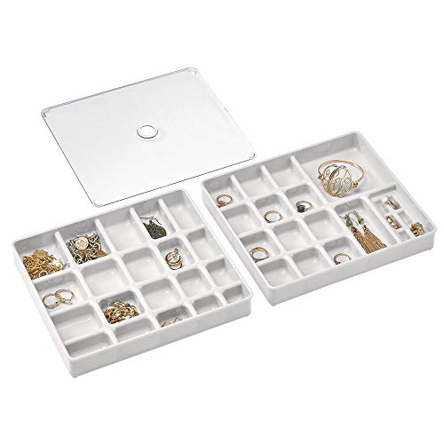 mDesign Organizador de joyas en juego de 3 piezas – Caja con compartimentos apilable con tapa – 2 cajas clasificadoras con divisiones para brazaletes, collares y demás joyas – gris claro/transparente