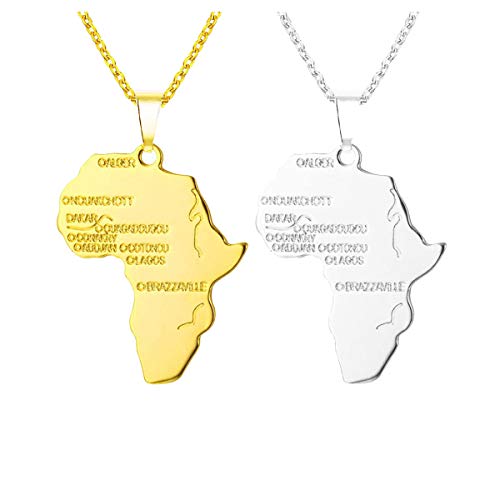 Meetlight Collar con colgante de mapa de África grabado disponible Hip Hop africano con cadena de 55,8 cm y cadena de oro y plata para mujeres y hombres, 2 unidades
