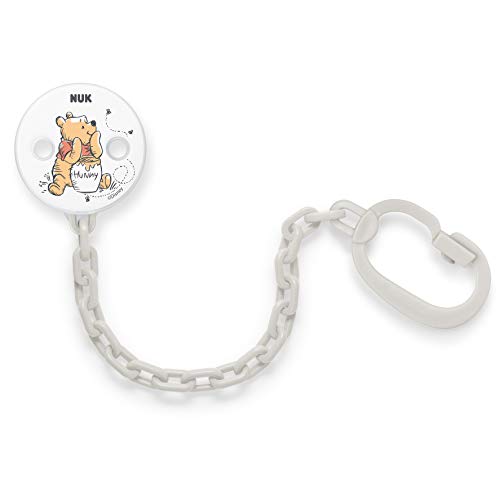 Nuk Disney Winnie Pooh - Cadena para chupete con clip para fijación segura del chupete a la ropa de bebé, color blanco o gris (no se puede elegir)