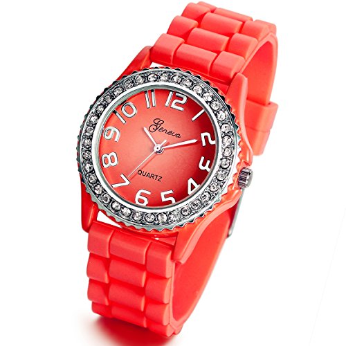 Reloj de cuarzo Lancardo, con pulsera de silicona, unisex, para niños, color rojo, con diamantes de imitación, incluye bolsa para regalo