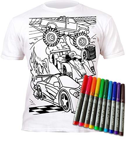 Splat Planet Camiseta Coches para Niños. con Impresión para Pintar y Colorear. Incluye 6 Colores Mágicos Lavables. Cumpleaños Infantil 7-8 Años.