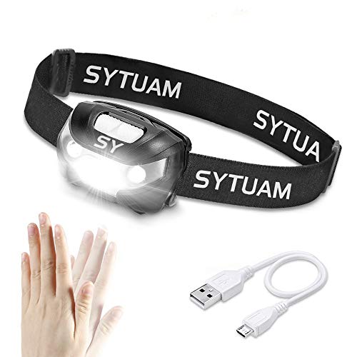SYTUAM Linterna frontal con sensor de movimiento USB recargable 4 modos IPX4 Impermeable, potente linterna frontal 160lm Ligera y conveniente para niños adultos que leen, corren, acampan, etc.