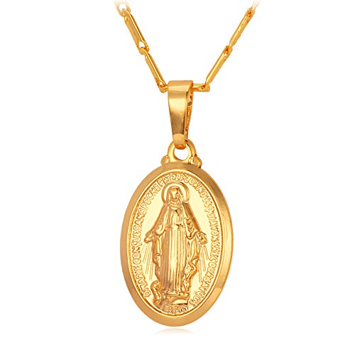 U7 Collar Chapado en Oro 18 k Medalla Cristiana Madre de Jesús María Colgante de medallon Dorado Cadena Elegante para familias