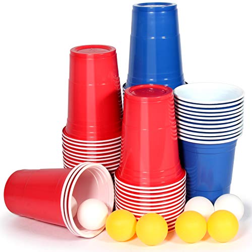 Upchase (100+10+Juego de Cartas Copas de Plastico, Beer Pong Kit, para Fiestas Vaso de Plástico, 100 de 16oz, 54 Cartas y 10 Bolas de, para Bebidas, Fiesta Celebración, Juego para Beber