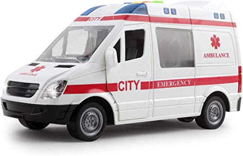 VENTURA TRADING Ambulancia de Rescate de Juguete Accionado por fricción Escala 1:16 con Luces y Sonidos Transporte Medico Vehículo de Emergencia Ambulancia de Juguete Coche Jugar Van