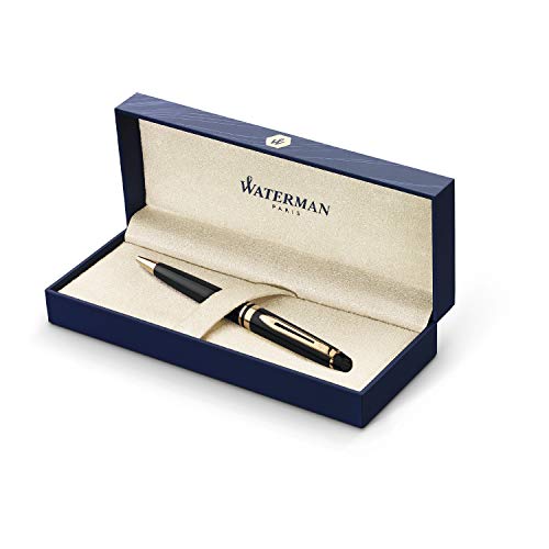 Waterman Expert bolígrafo, brillante con adorno de oro de 23 quilates, punta media con cartucho de tinta azul, estuche de regalo, color negro