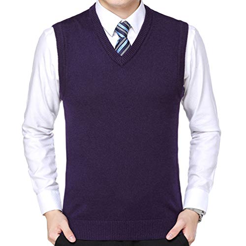 Yuanu Hombre Suelto Cómodo Color Sólido Chaleco De Punto, Otoño Negocios Casual V-Cuello Suéter Sin Mangas Morado XL