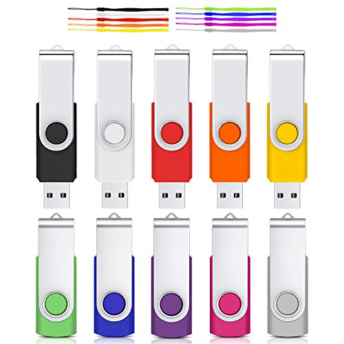 1GB Unidad Flash USB, Cardfuss 10 Pack USB2.0 Memory Stick Swivel Thumb Drives USB Stick Jump Drive Pen Drive Almacenamiento de Datos con indicador LED (Multicolor con Cuerdas de Seguridad)