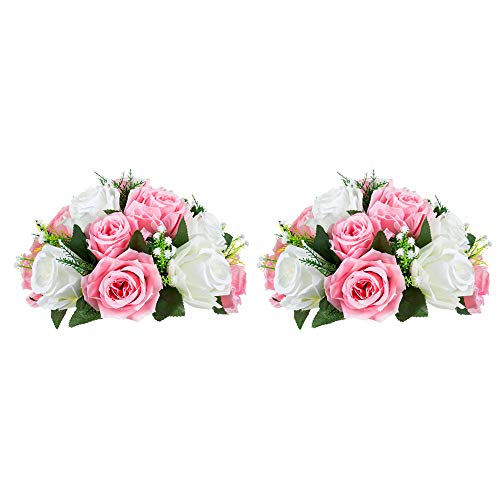 2 Piezas Flor Artificiales, 15 Cabezas Rosas Plástico con Base, Adecuadas para el Estante Central Flores de Nuestra Tienda para Fiestas Decoración del Hogar(Rosa y Blanco)