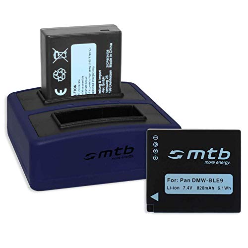2X Batería + Cargador Doble Compact (USB) para DMW-BLE9(E), BLG10(E) / Panasonic DMC-GF3, GF5, GF6, GX7, GX80, LX100, TZ81, TZ91, TZ10 - v. Lista! (Cable USB Micro Incluido)