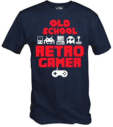 6TN Hombre Old School Retro Gamer Camiseta (XXL, Azul Marino)