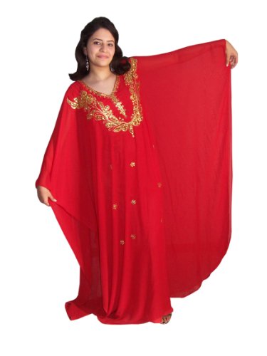 Abaya - Vestido de gasa para mujer, con bordado, estilo oriental, Dubai, abaya, Caftán, vestido de noche, boda rojo/dorado Talla única