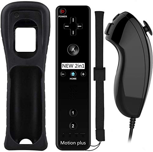 Acexy Wii Wireless Remote Motion Controller y Nunchuk - Reemplazo del Controlador de Juego Remoto con Funda de Silicona y Pulsera, Compatible con Nintendo Wii y Wii U (Negro)