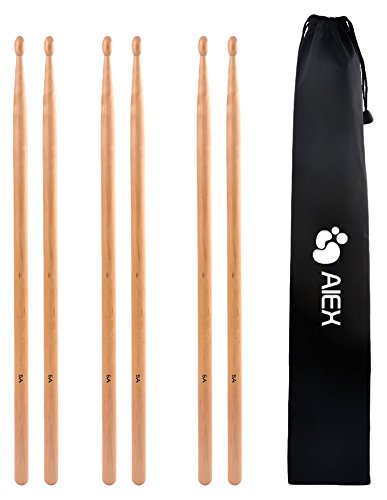 AIEX 5a baquetas de arce, tres pares drumsticks para principiantes, estudiantes y adultos, viene con una bolsa impermeable