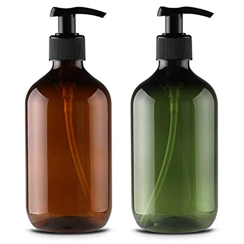 Alledominio, 2 botellas de plástico vacías rellenables de 500 ml, dispensador de jabón líquido para el cuerpo y la crema de ducha (marrón y verde)