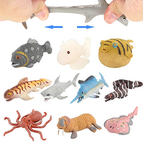 Animal marino, 10 paquetes de juguetes de goma de baño, Se puede cambiar el color de algunos tipos, fiesta de las figuras del mundo zoológico de juguete de baño flotante y blando, baño con tiburón