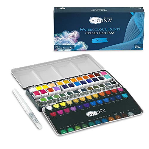 Artina Caja de Pintura Acuarela Colaro - Set de 36 Colores - Caja de Metal con Set de Pintura Acuarela y Pincel de Tanque de Agua
