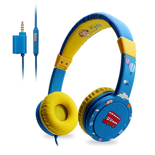 Auriculares para Niños, EasySMX Headphone Niños con Volumen Limitado de 85dB, Separador de 3.5mm Jack para Compartir y Mic, Auriculares Infantiles con In-line Control para Niños de 3-12 Edad (Azul)