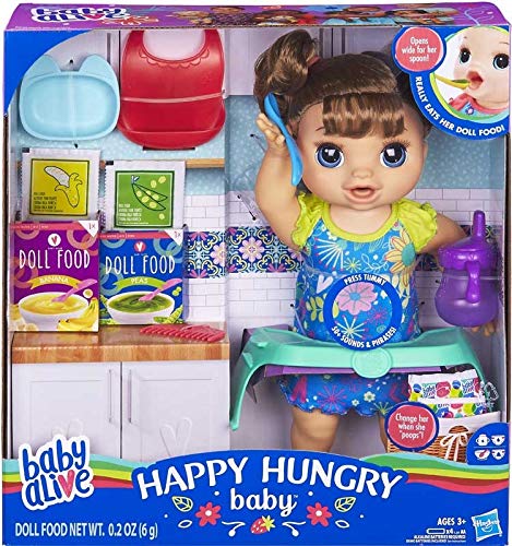 BABY ALIVE Happy Hungry Baby Doll (Pelo Liso marrón), Hace más de 50 Sonidos y Frases, Come y Bebe y Llena su pañal, para niños a Partir de 3 años.