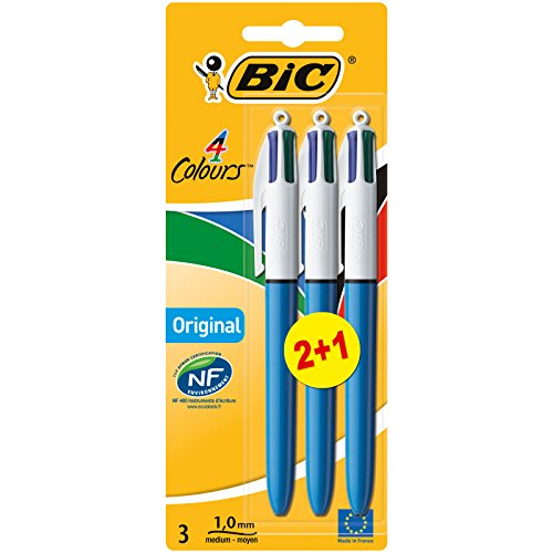 BIC 4 Colores Original Bolígrafos Retráctiles Punta Media (1,0 mm) - Colores Surtidos, Blíster de 2+1 - Tinta negra, azul, roja, y verde