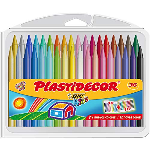 BIC Kids Plastidecor - Estuche de 36 unidades, ceras de colores surtidos - ideal para colorear y dibujar, actividades creatives en casa y colegio