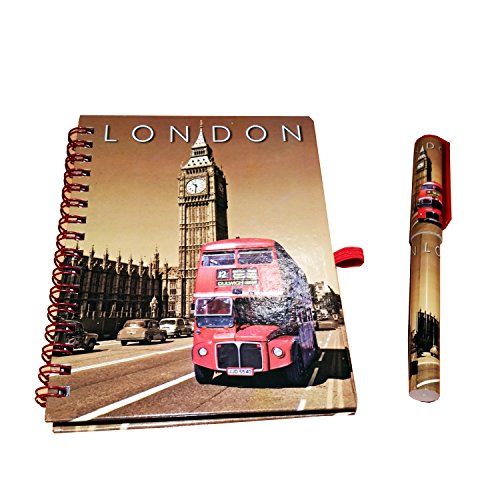 Big Ben y Autobús de Londres Cuaderno y Pluma - Conjunto Mismo Diseño / Color Sepia Vintage / Routemaster Rojo de Dos Pisos / Recuerdo Británico de Inglaterra Reino Unido para Escuela, Oficina o Casa