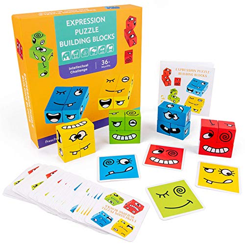 Bloques de rompecabezas emocionales, cubos de rompecabezas de emoticonos geométricos interesantes (incluidas 50 cartas), bloques de cubo de Rubik de madera que cambian la cara, juegos de combinación