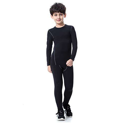 Bwiv Conjunto Térmico para Niños Camiseta Térmica de Manga Larga Pantalones Térmicos para Niños Ropa Interior Niña Esquí Elástico Secado Rápido(XXL160, Negro Grís Conjunto)