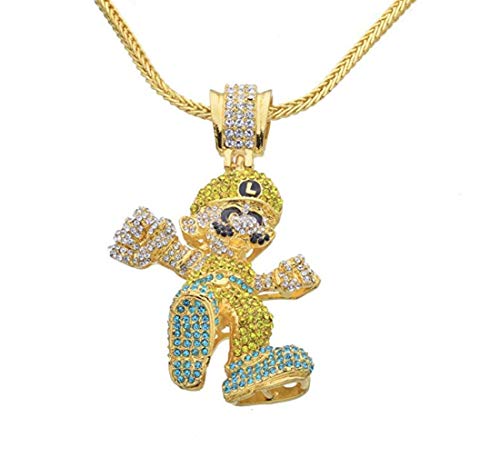 Caja de hielo Luigi Super Mario Bro Busto Plumón CZDiamond Color Plata Oro Super Mario Cadena Supreme Collar Hip Hop Rapper Cartoon Juego Bling Fashion Jewelry