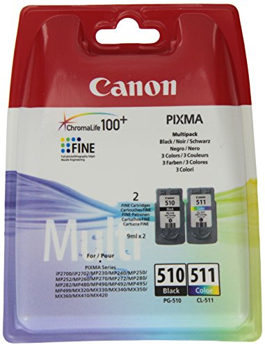 Canon PG-510+CL-511 Cartuchos de tinta BK+Tricolor para Impresora de Inyeccion de tinta Pixma MX320,330,340,350,360,410,420-MP230,240,250,252,260,270,272,280,282,480,490,492,495,499-IP2700,2702