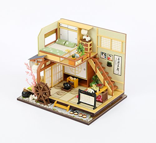 Casa de muñecas en miniatura de estilo japonés con muebles, kit de casa pequeña sala creativa de madera, decoración japonesa de casa de ensueño con luz LED