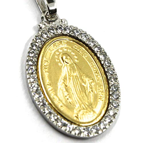 Colgante medalla de oro blanco y amarillo de 18 quilates, 750, ovalado, milagroso, Virgen María, marco de circonita cúbica, longitud 30 mm, fabricado en Italia.