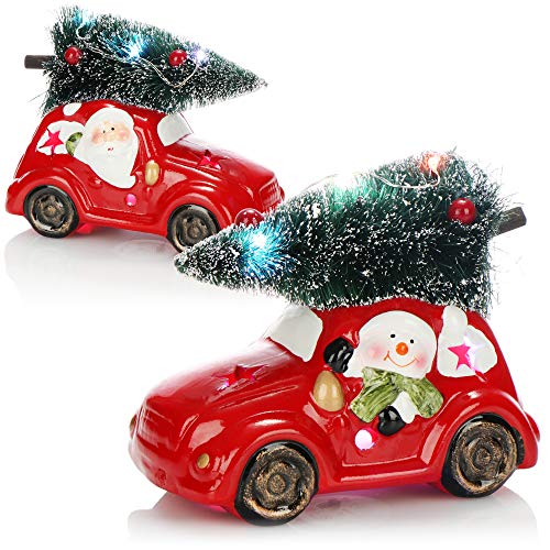com-four® 2X Coche de Navidad LED con Abeto - Coche de cerámica roja con luz LED - Coche de decoración para la Navidad con Santa Claus y el muñeco de Nieve [la selección varía]