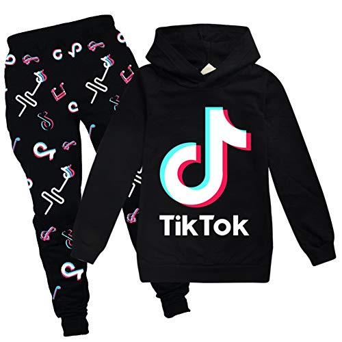 Conjunto de sudadera con capucha y pantalón, con diseño de TikTok, estilo de moda, unisex, color negro, talla 9-10 años