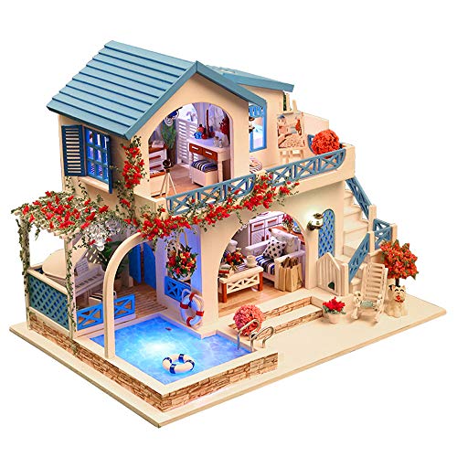 Decdeal Miniatura Súper Mini Tamaño Casa de Muñecas Kits de Modelos de Construcción de Muebles de Madera Juguetes Casa de Muñecas DIY Ciudad Azul y Blanca