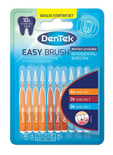 Dentek Easy Brush - Juego de brochas interdentales (4 x ISO/tamaño 1, 3 x ISO/tamaño 2, 3 x ISO/tamaño 3, tamaño viaje, con tapa protectora, paquete de 10 unidades)