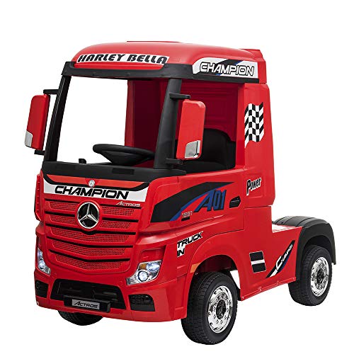 Devessport - Camión eléctrico para niños con Mando de Control Remoto - Mercedes Actros - Camión teledirigido con batería - Ideal para niños de 3 a 8 años (máximo 30 Kg) - 126x68x102 cm (Rojo)