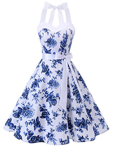 DRESSTELLS Version 3.0 - Vestido de cóctel de lunares con cuello halter, estilo vintage Audrey Hepburn de los años 50 White Blue Flower XS