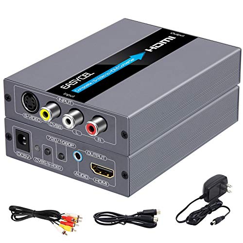 EASYCEL Conversor RCA S-Video a HDMI, RCA Composite CVBS AV o S-Video + R/L entrada de audio a salida HDMI, soporta 720P / 1080P interruptor de salida para N64, PS2, Wii, DVD