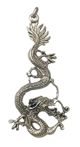 Eurofusioni Dragón Chino Colgante de Buena Suerte chapada Plata - Chinese Dragon Talismán para Poder, Fortuna y Longevidad - Joya artesana - H 8,3 cm