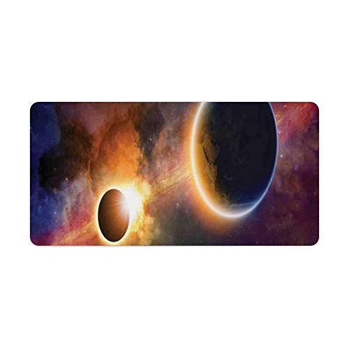 Extended Gaming Mouse Pad with Stitched Edges Large Keyboard Mat Non-Slip Rubber Base Planet in Milky Way Dark Nebula Gas Cloud Celestial Solar Eclipse Galaxy Desk Pad for Gamer Office 12x24 Inch