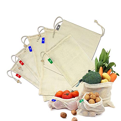 EzLife Bolsas Reutilizables Compra, Bolsas Reutilizables Fruta de Algodon Ecológicas Lavable y Transpirable Bolsa de Malla para Fruta Verduras Juguetes -6 Pcs (1*Bolsas de Tela,1*S, 2*M, 2*L)