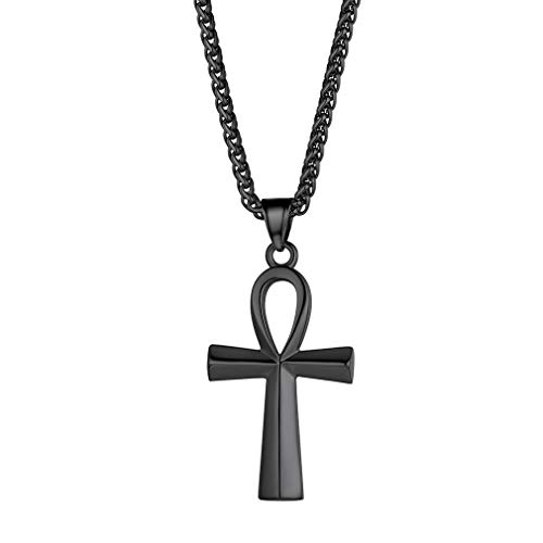 FaithHeart Egipcio Antiguo Cruz Negro Acero Metálico Collar Delgada Fina Cadena Trenzada Colgante Largo de Protección