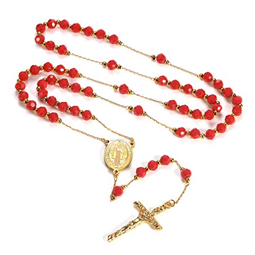 FaithHeart Perlitas Rojas de Rosario Collar de Medalla de Benedicto de Nursia con Colgante Cruz Religiosa Joya de Acero Inoxidable de Buen Regalo Cristiano