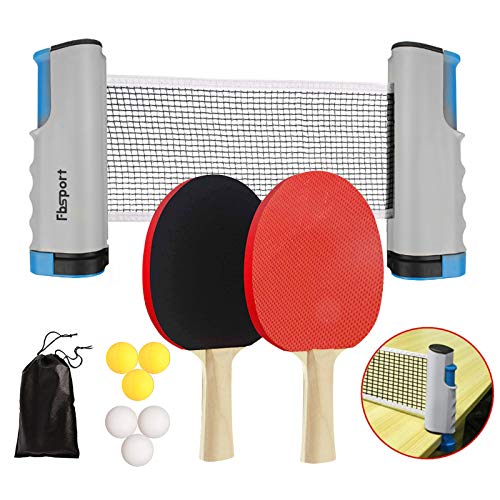 FBSPORT Sets de Ping Pong,Juego de Tenis de Mesa, Juego de Ping Pong,2 Raquetas de Tenis de Mesa,6 Pelotas de Ping-Pong,1 Red de Tenis de Mesa retráctil,1 Bolsa de Malla, para niños Adultos