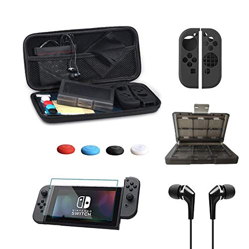 Flysee Kit de Accesorios 13 en 1 Funda de Transporte para Nintendo Switch Protector de Pantalla, Auriculares, Funda para 24 tarjetas de juego, 4 Tapas Empuñadura de Pulgar, 2 cubierta Joy-Con, Negro