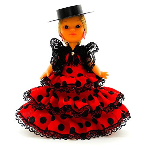 Folk Artesanía Muñeca artesana de 25 cm con Vestido Andaluza o Flamenca con Sombrero Nueva y Original (Rojo Lunar Negro)